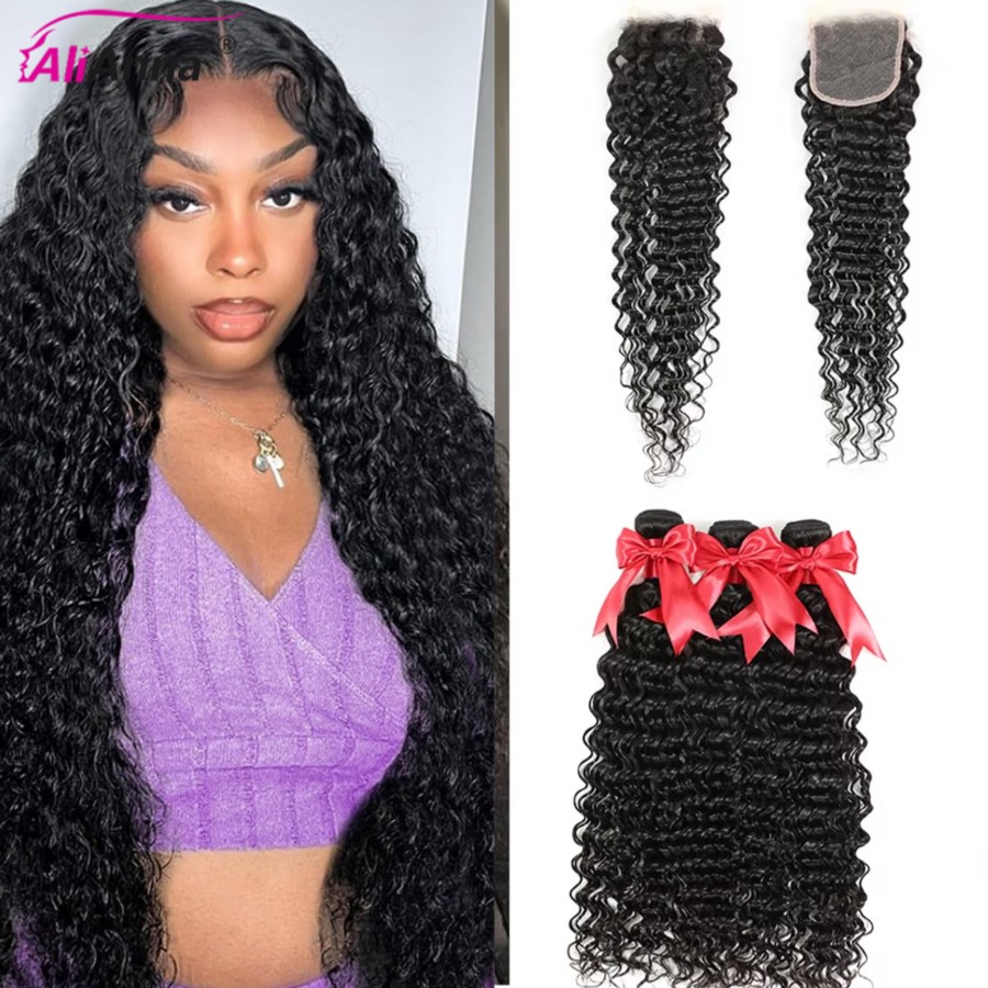 Deep Wave 3 Bundles With Closure - Пучки глубоких волн с застежкой 4x4,